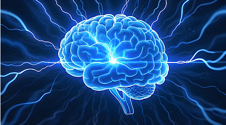 Ilustrasi otak dengan kata-kata atau huruf di sekelilingnya